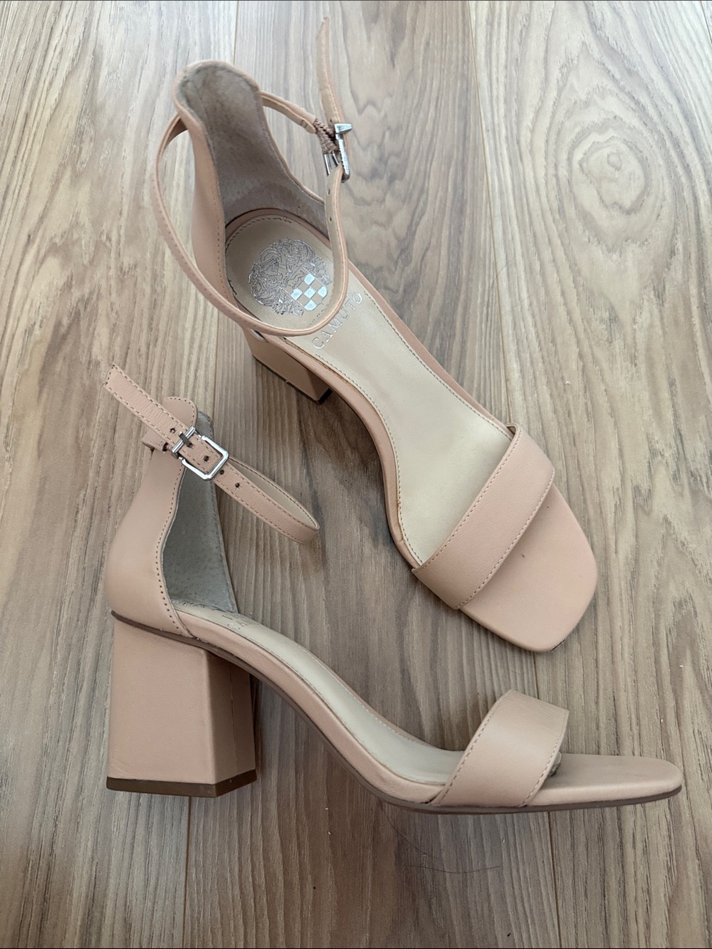 Vince Camuto Women’s Nude Block Heel Sandals with Ankle Strap